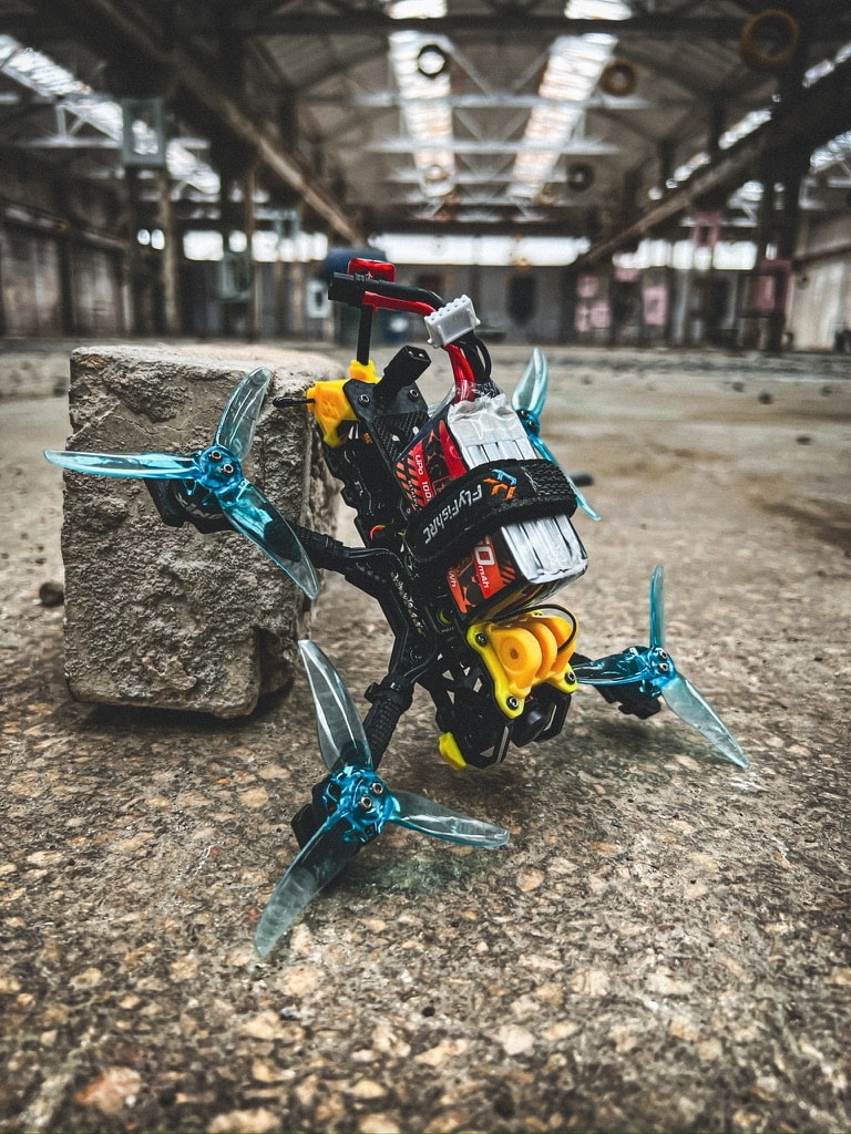 Custom FlyFish Volador analog micro drone — sturdy 3.5"-inch frame, colorful 3D printed parts, and a clean freestyle-ready setup from Norial FPV.